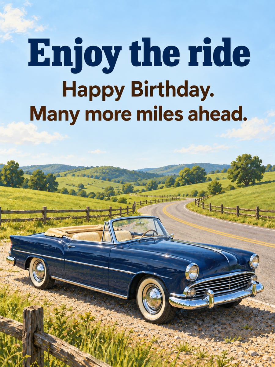 Birthday greeting image: navy blue classic convertible on a country road, wooden fence, green hills. It says “Enjoy the ride” and “Happy Birthday. Many more miles ahead.”