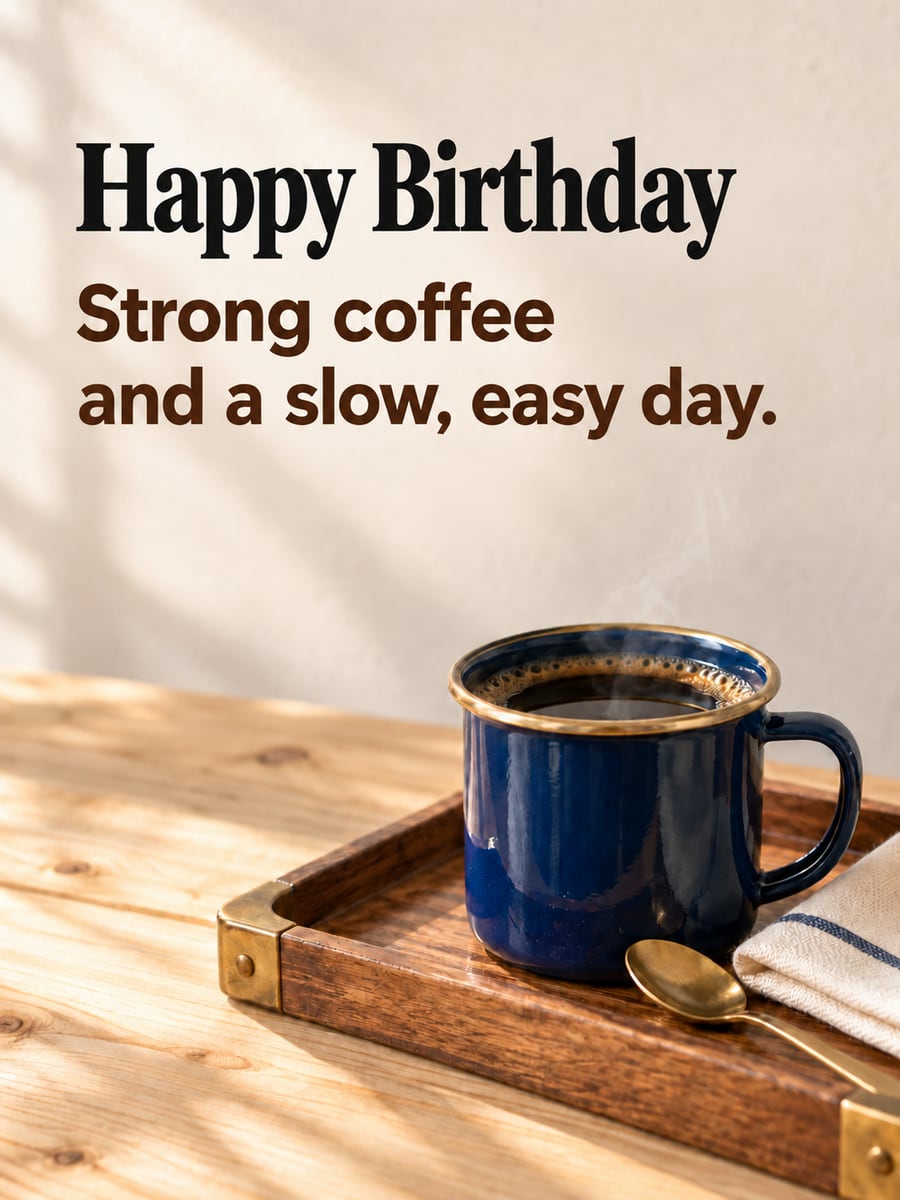 Birthday greeting image: navy enamel mug of black coffee on a wooden tray, brass spoon, napkin. It says “Happy Birthday” and “Strong coffee and a slow, easy day.”