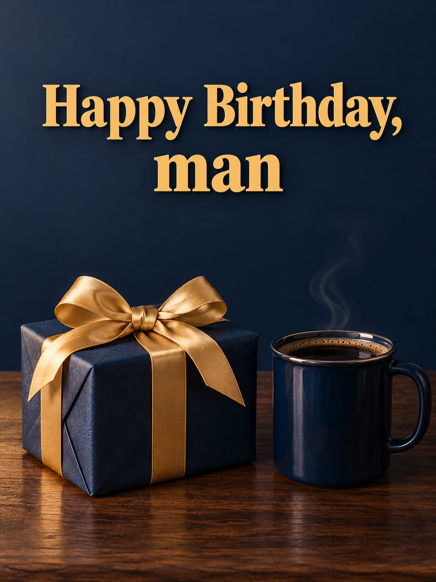 Birthday greeting image: navy gift box with a gold ribbon, navy mug of black coffee. It says “Happy Birthday, man”
