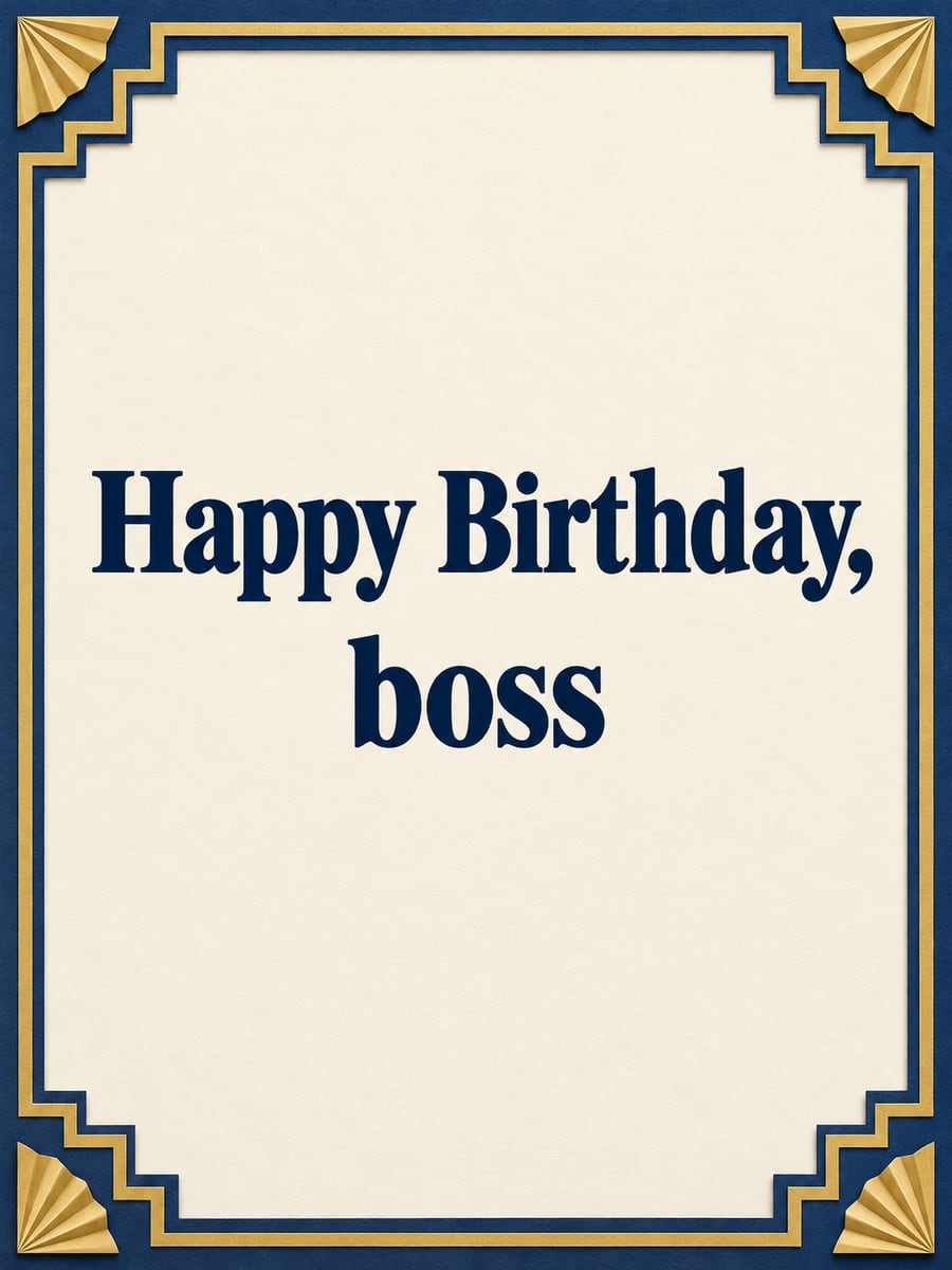 Birthday greeting image: navy and gold paper-cut art deco border. It says “Happy Birthday, boss”