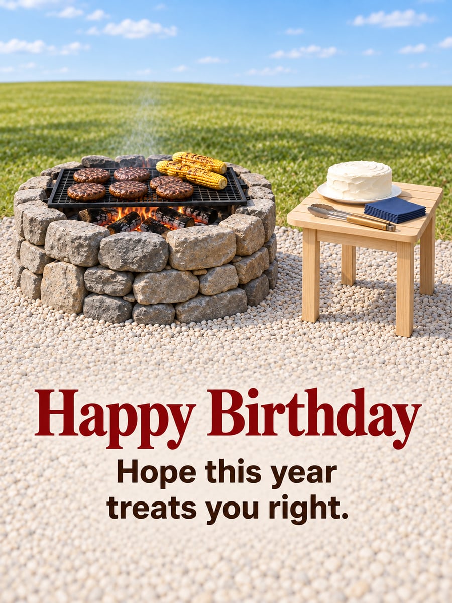 Birthday greeting image: stone fire pit with burgers and corn on the grate, plain white cake on a wooden side table, grassy field. It says “Happy Birthday” and “Hope this year treats you right.”