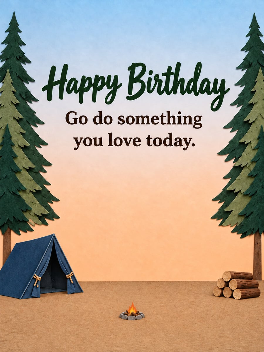 Birthday greeting image: paper-cut campfire, blue tent, pine trees, stack of firewood. It says “Happy Birthday” and “Go do something you love today.”