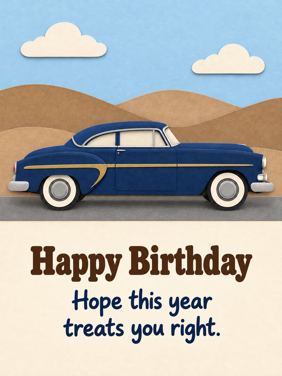 Birthday greeting image: navy paper-cut classic car, paper hills and clouds. It says “Happy Birthday” and “Hope this year treats you right.”