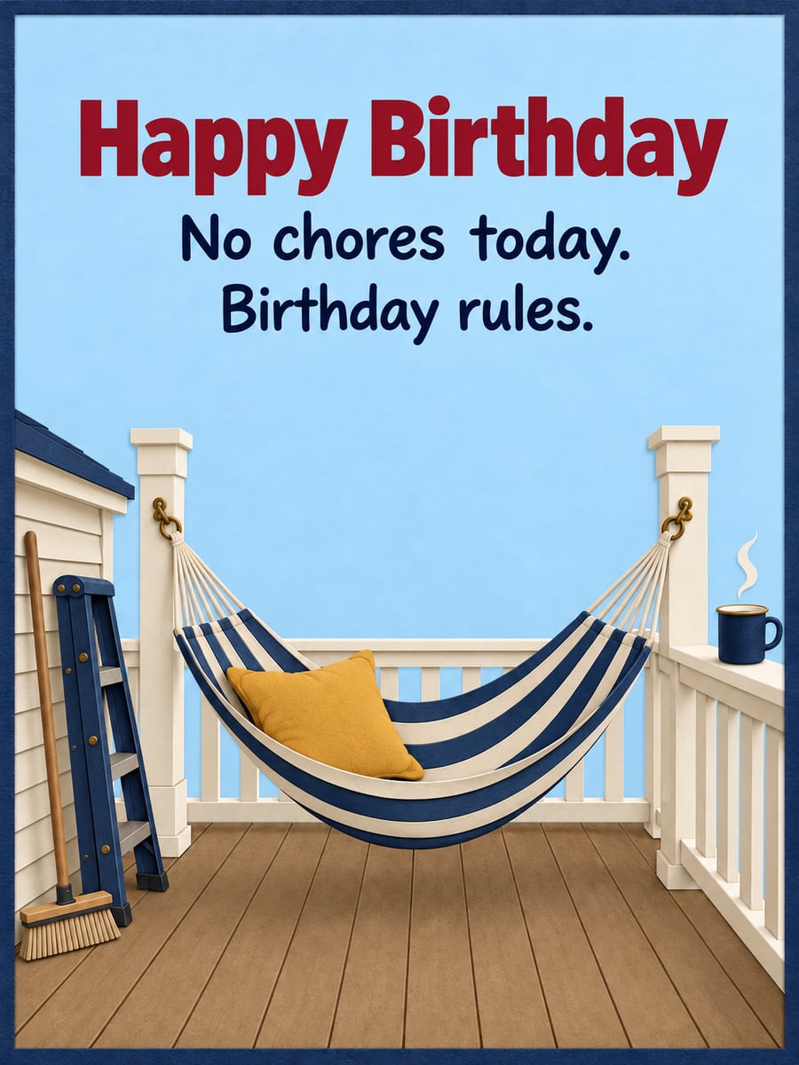 Birthday greeting image: empty striped hammock on a porch, yellow pillow, navy coffee mug, broom and stepladder. It says “Happy Birthday” and “No chores today. Birthday rules.”