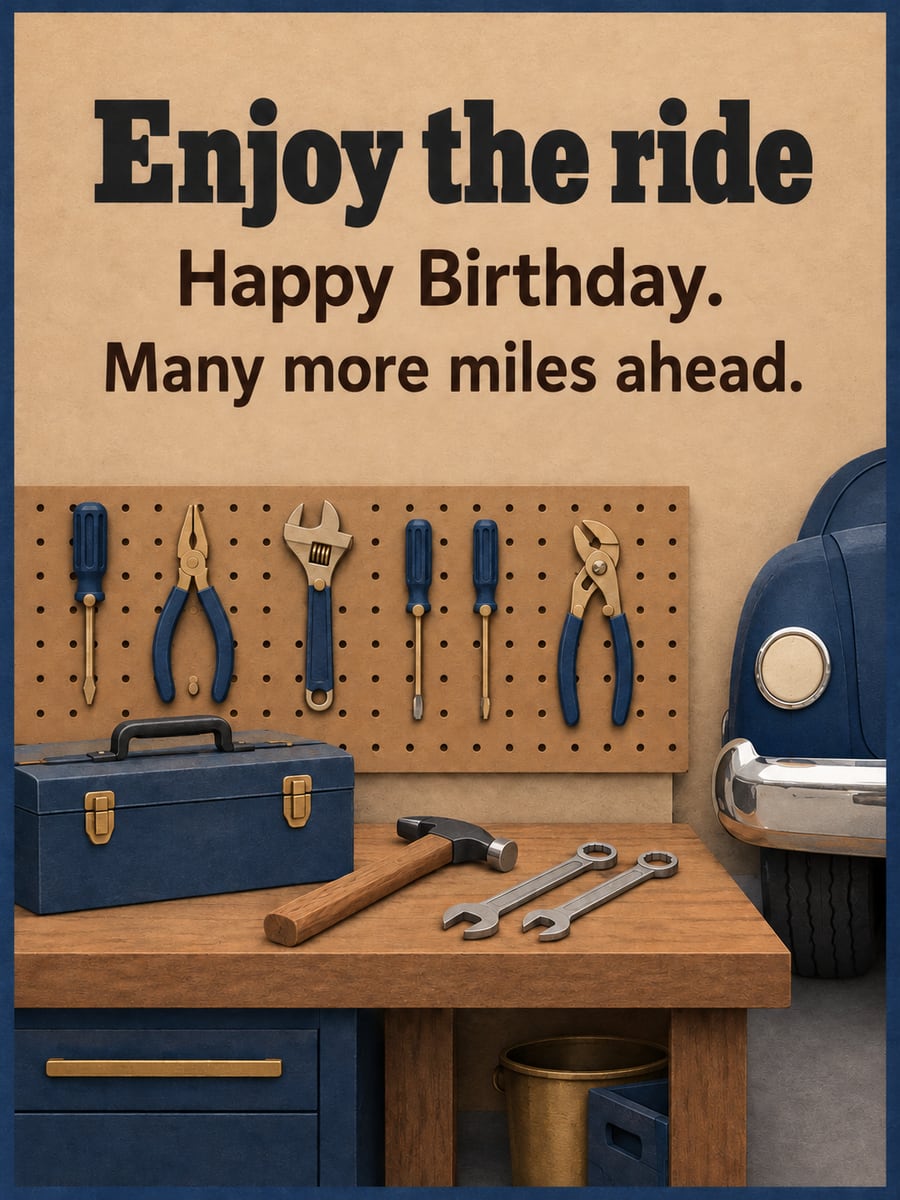 Birthday greeting image: paper-cut garage workbench with tools, navy toolbox, chrome bumper of a vintage car. It says “Enjoy the ride” and “Happy Birthday. Many more miles ahead.”