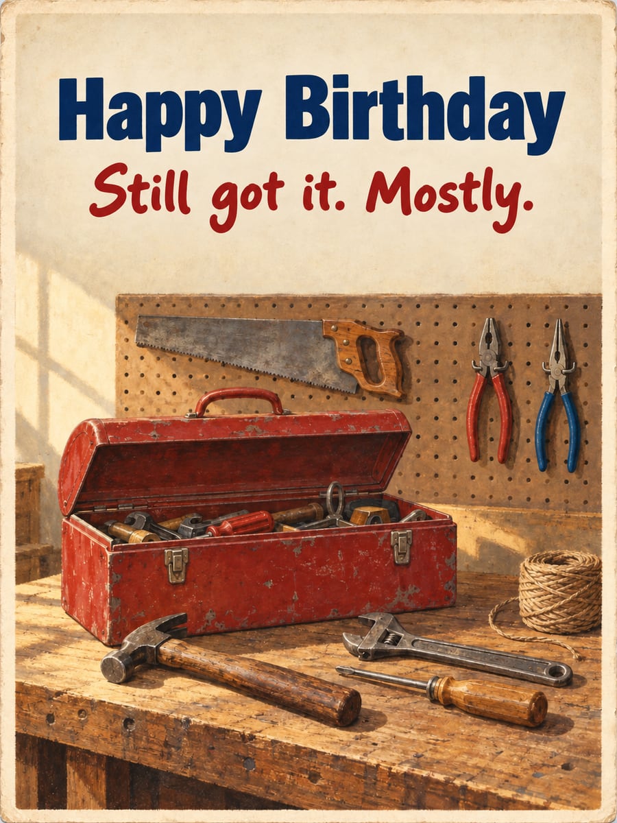 Birthday greeting image: red metal toolbox on a workbench, hammer, wrench and screwdriver, pegboard with a saw and pliers. It says “Happy Birthday” and “Still got it. Mostly.”