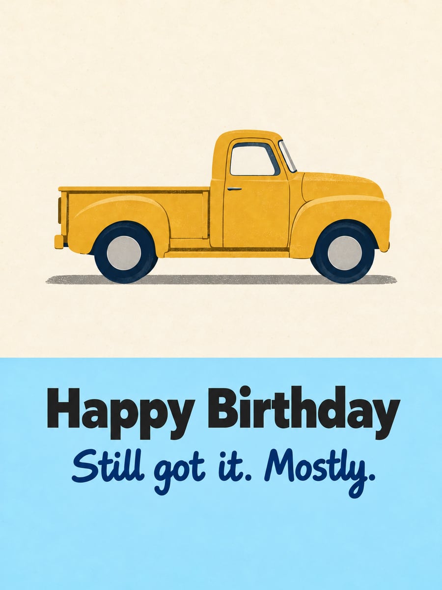 Birthday greeting image: mustard yellow pickup truck. It says “Happy Birthday” and “Still got it. Mostly.”