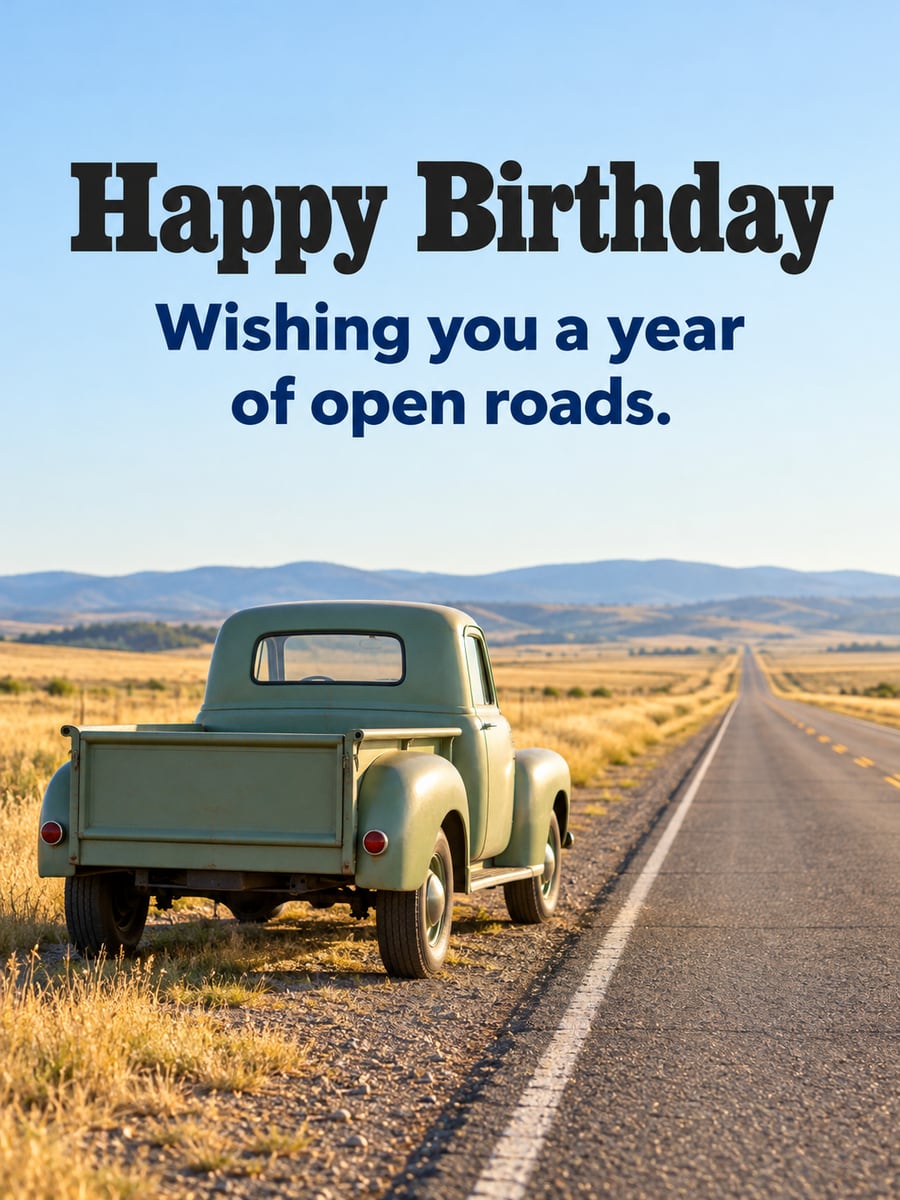 Birthday greeting image: old sage green pickup truck parked by an empty two-lane highway, golden grassland and hills. It says “Happy Birthday” and “Wishing you a year of open roads.”
