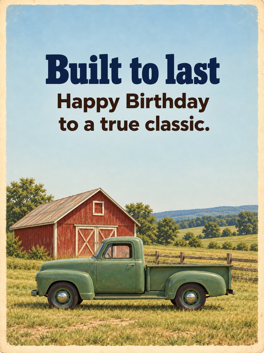 Birthday greeting image: old sage green pickup truck, red barn, green pasture. It says “Built to last” and “Happy Birthday to a true classic.”