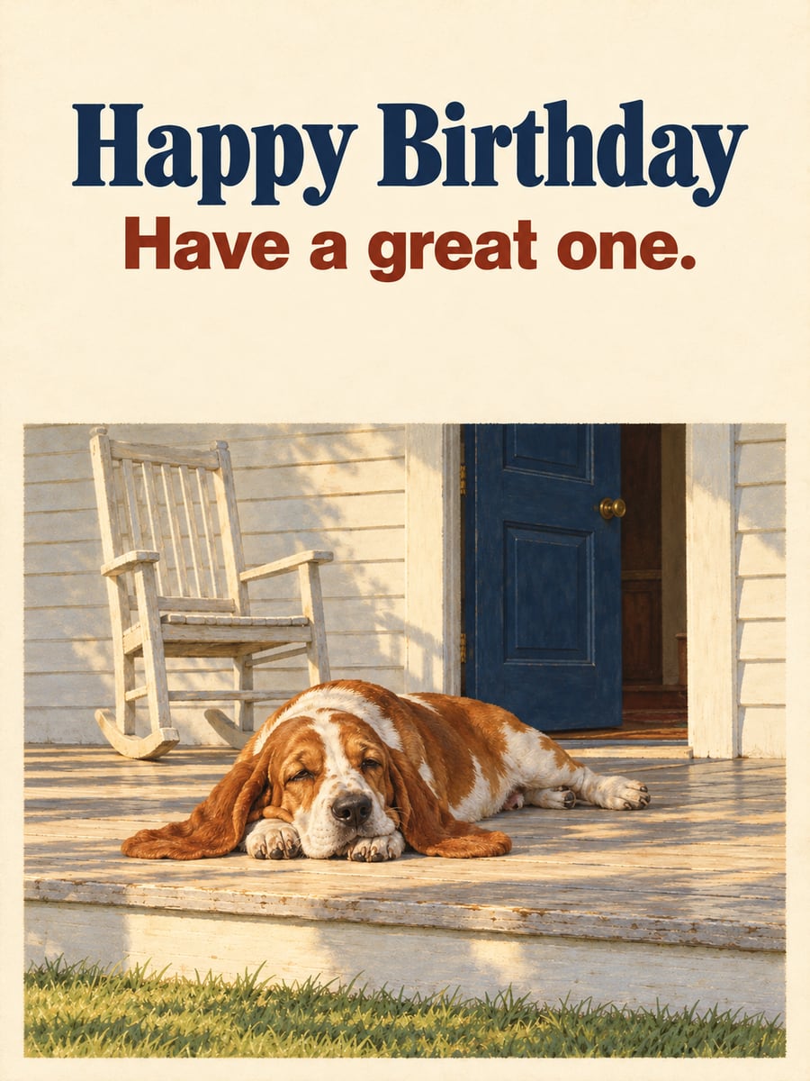 Birthday greeting image: tan and white basset hound napping on a porch, rocking chair, navy front door. It says “Happy Birthday” and “Have a great one.”