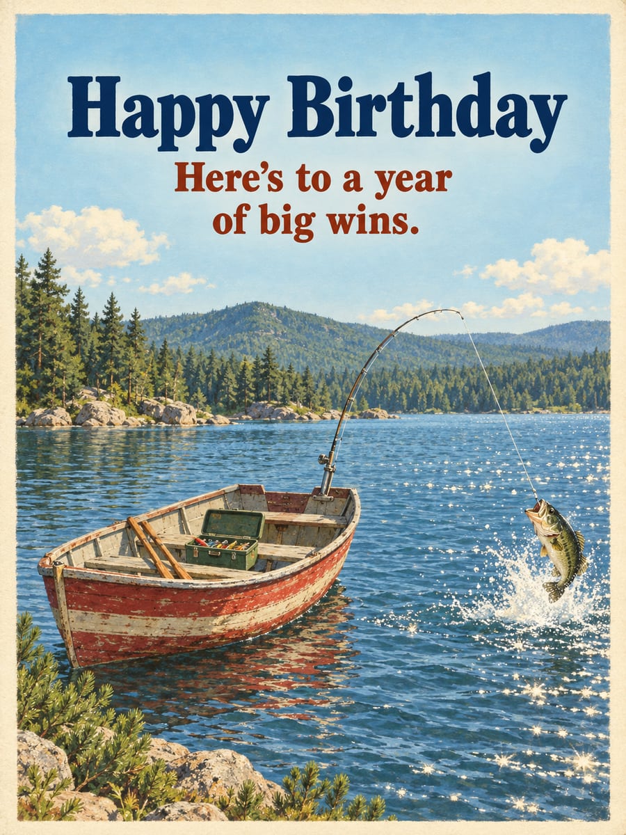 Birthday greeting image: red and cream rowboat with a fishing rod, largemouth bass jumping on the line, lake and pine hills. It says “Happy Birthday” and “Here’s to a year of big wins.”