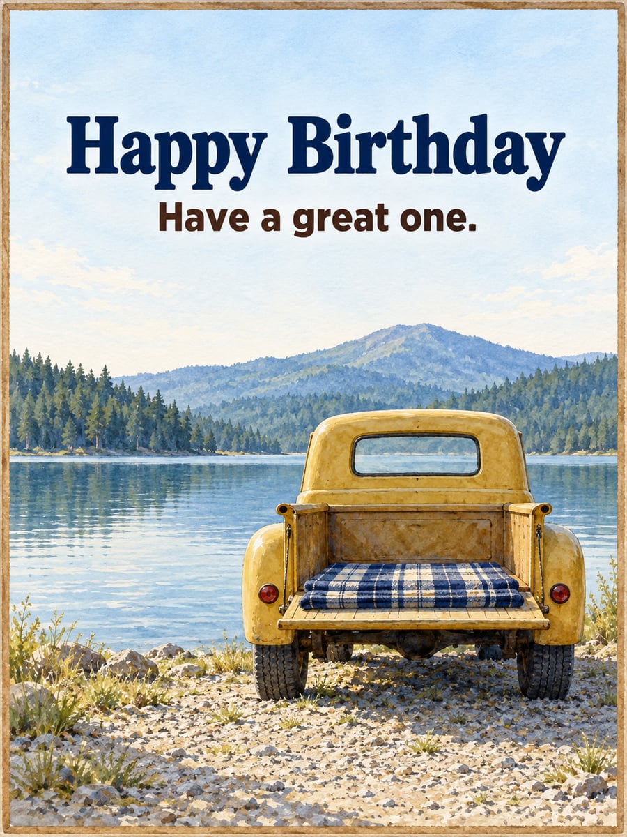 Birthday greeting image: mustard yellow pickup truck with the tailgate down, plaid blanket, mountain lake. It says “Happy Birthday” and “Have a great one.”