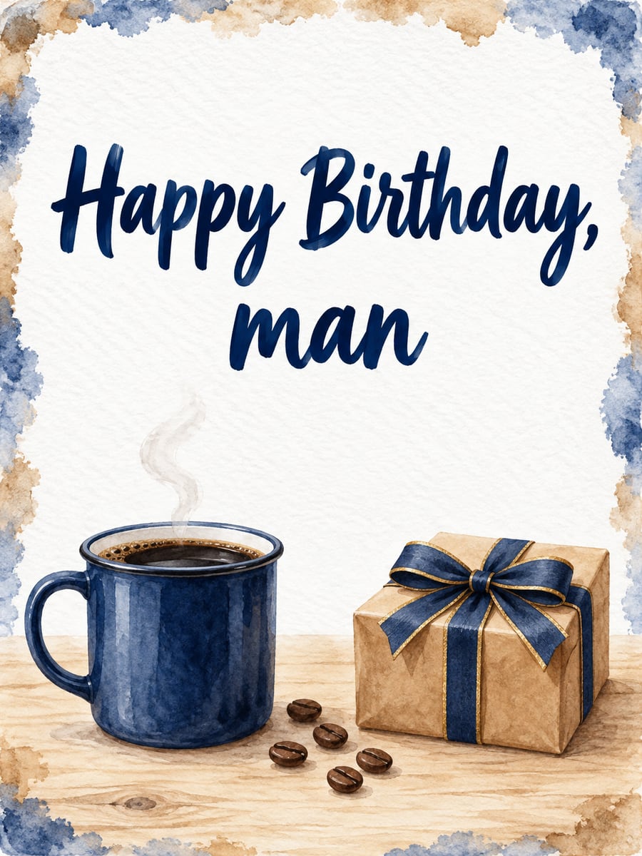 Birthday greeting image: navy enamel mug of coffee, kraft gift with a navy bow, coffee beans. It says “Happy Birthday, man”