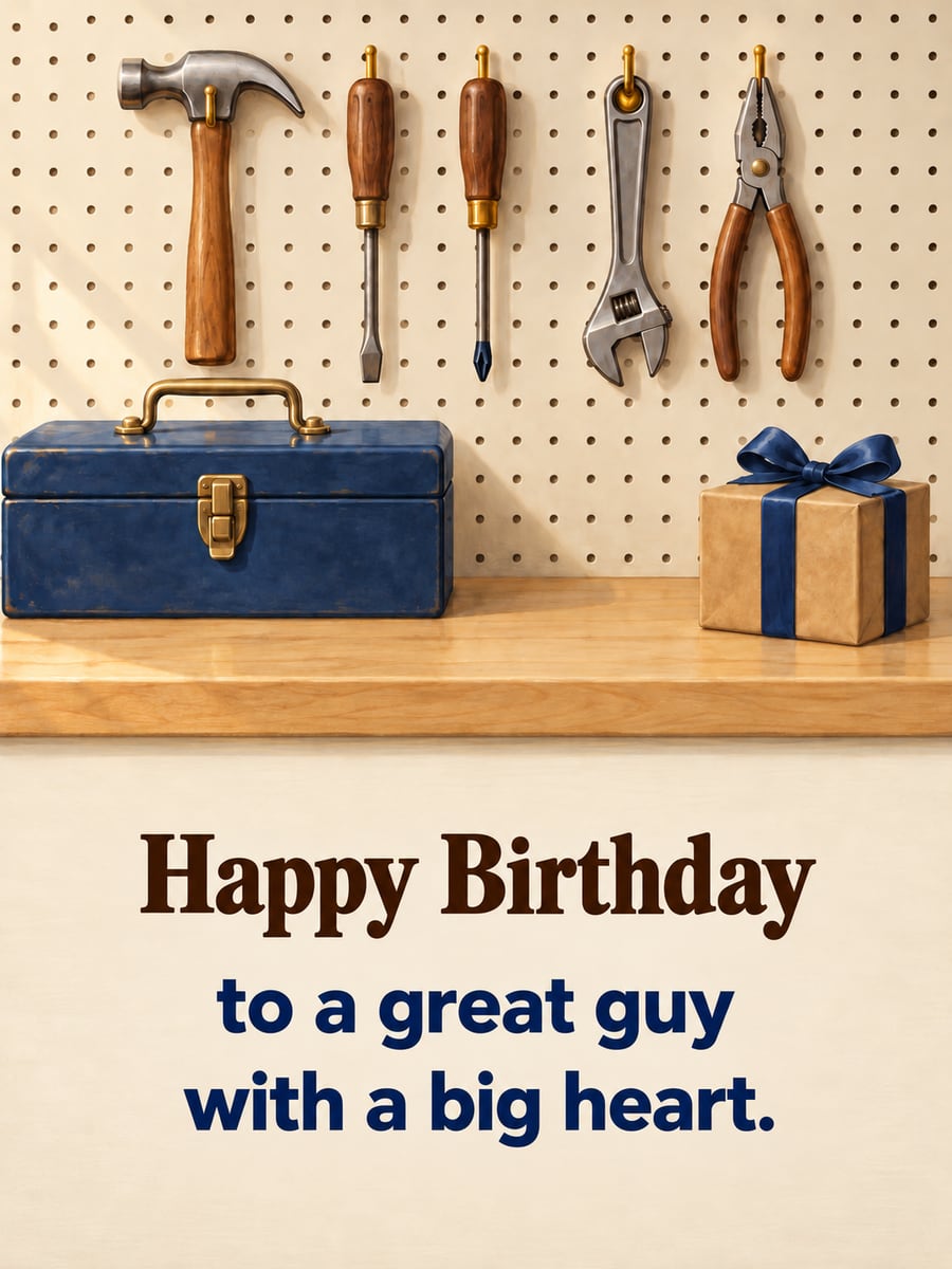 Birthday greeting image: workbench with a navy toolbox, hammer, screwdrivers, wrench and pliers on a pegboard, small kraft gift. It says “Happy Birthday” and “to a great guy with a big heart.”