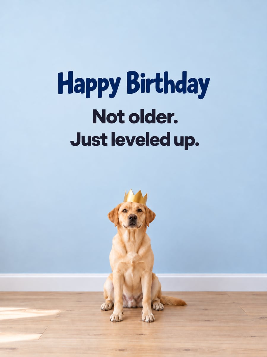 Birthday greeting image: yellow Labrador retriever in a gold paper crown, wooden floor. It says “Happy Birthday” and “Not older. Just leveled up.”