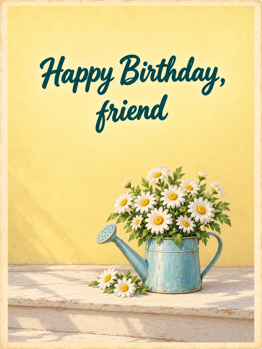 Birthday greeting image: white daisies in a light blue enamel watering can, porch step. It says “Happy Birthday, friend”