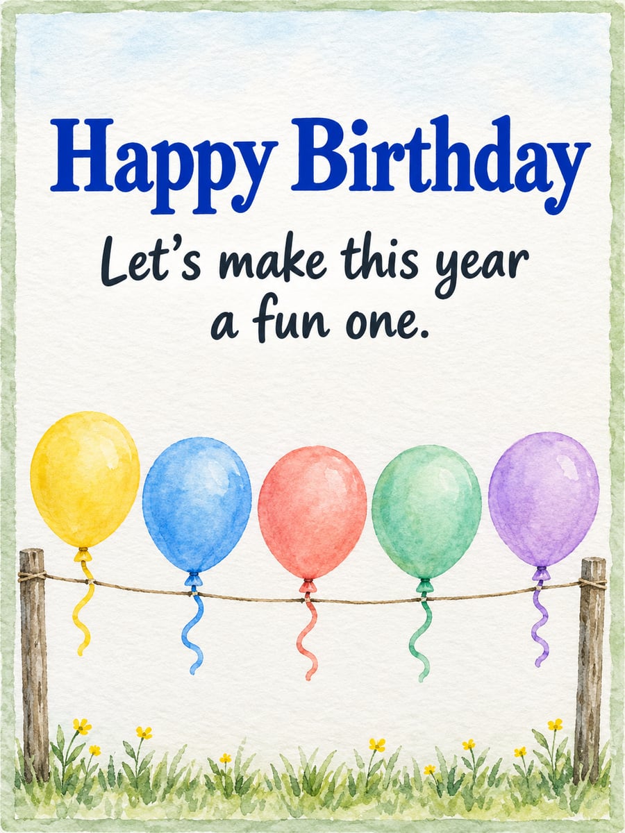 Birthday greeting image: five watercolor balloons tied along a garden string, grass and wildflowers. It says “Happy Birthday” and “Let’s make this year a fun one.”