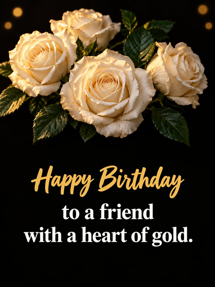 Birthday greeting image: white garden roses on black, gold lights. It says “Happy Birthday” and “to a friend with a heart of gold.”