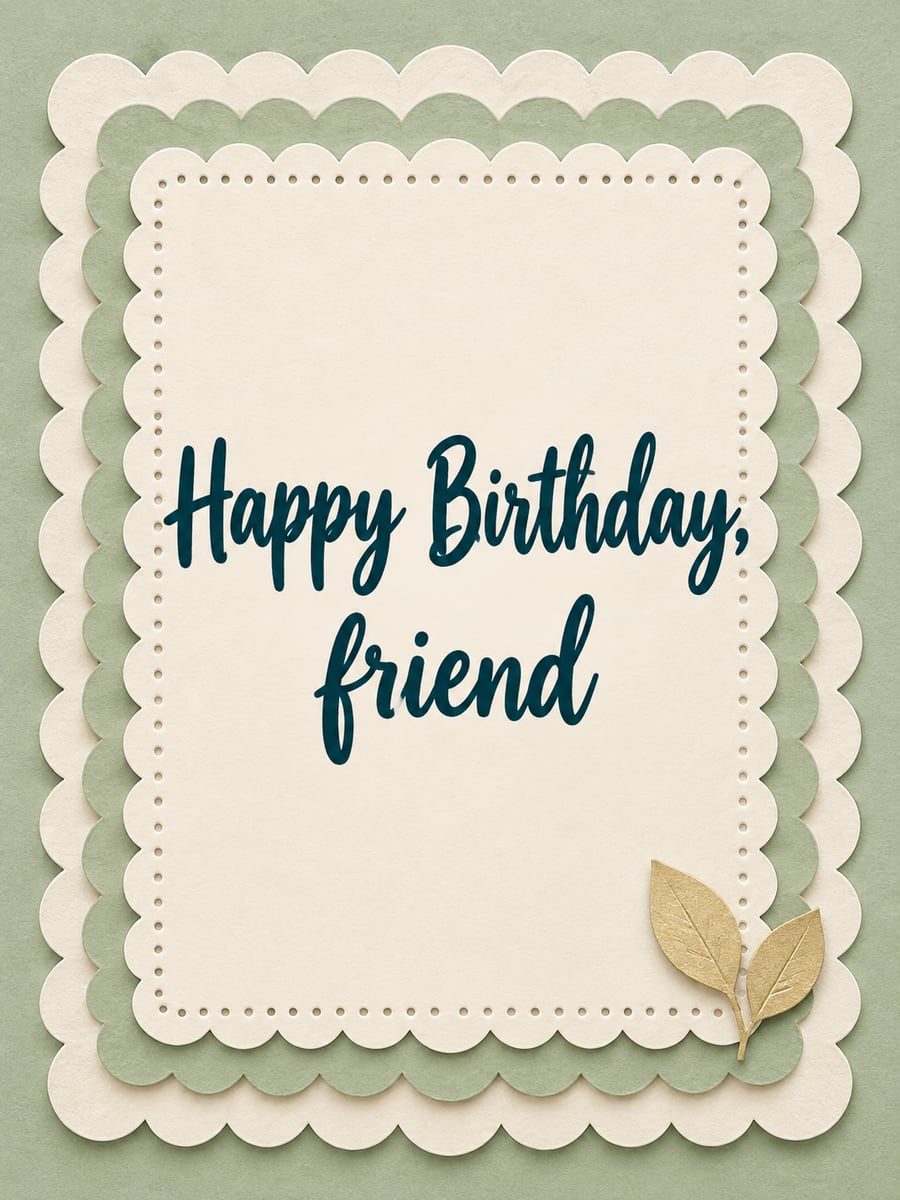 Birthday greeting image: ivory and sage scalloped paper layers, gold paper leaves. It says “Happy Birthday, friend”