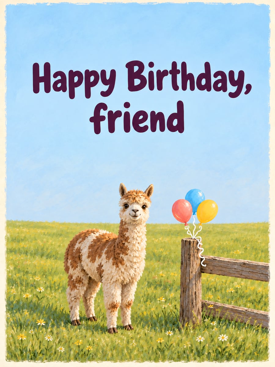 Birthday greeting image: brown and white alpaca, three balloons tied to a fence post, meadow. It says “Happy Birthday, friend”