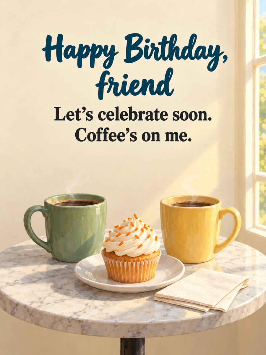 Birthday greeting image: green and yellow coffee mugs on a marble cafe table, cupcake with sprinkles. It says “Happy Birthday, friend” and “Let’s celebrate soon. Coffee’s on me.”