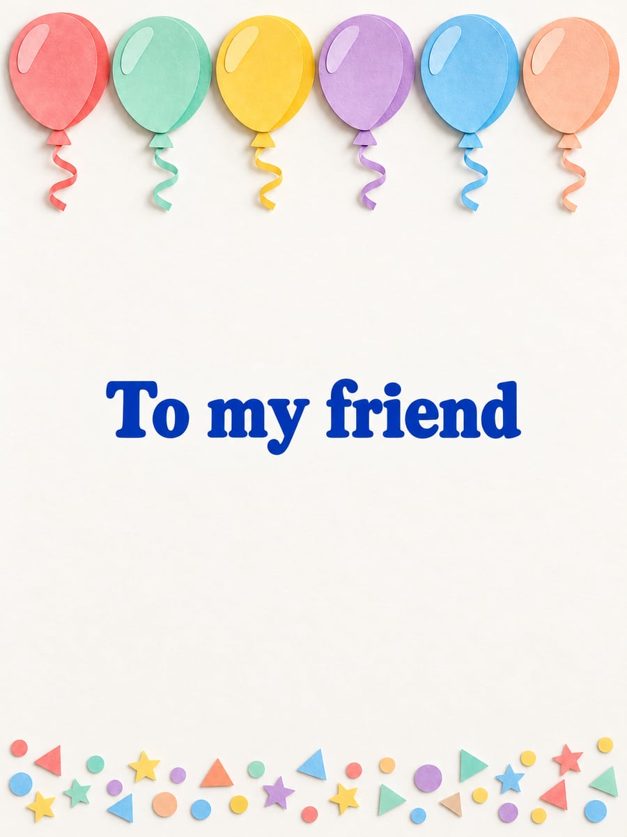 Birthday greeting image: row of paper-cut balloons, paper confetti. It says “To my friend”