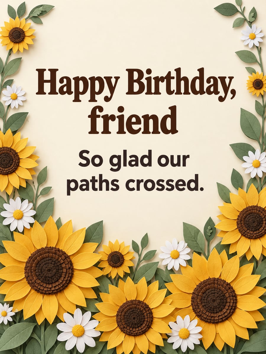 Birthday greeting image: paper-cut sunflowers and daisies, sage green leaves. It says “Happy Birthday, friend” and “So glad our paths crossed.”