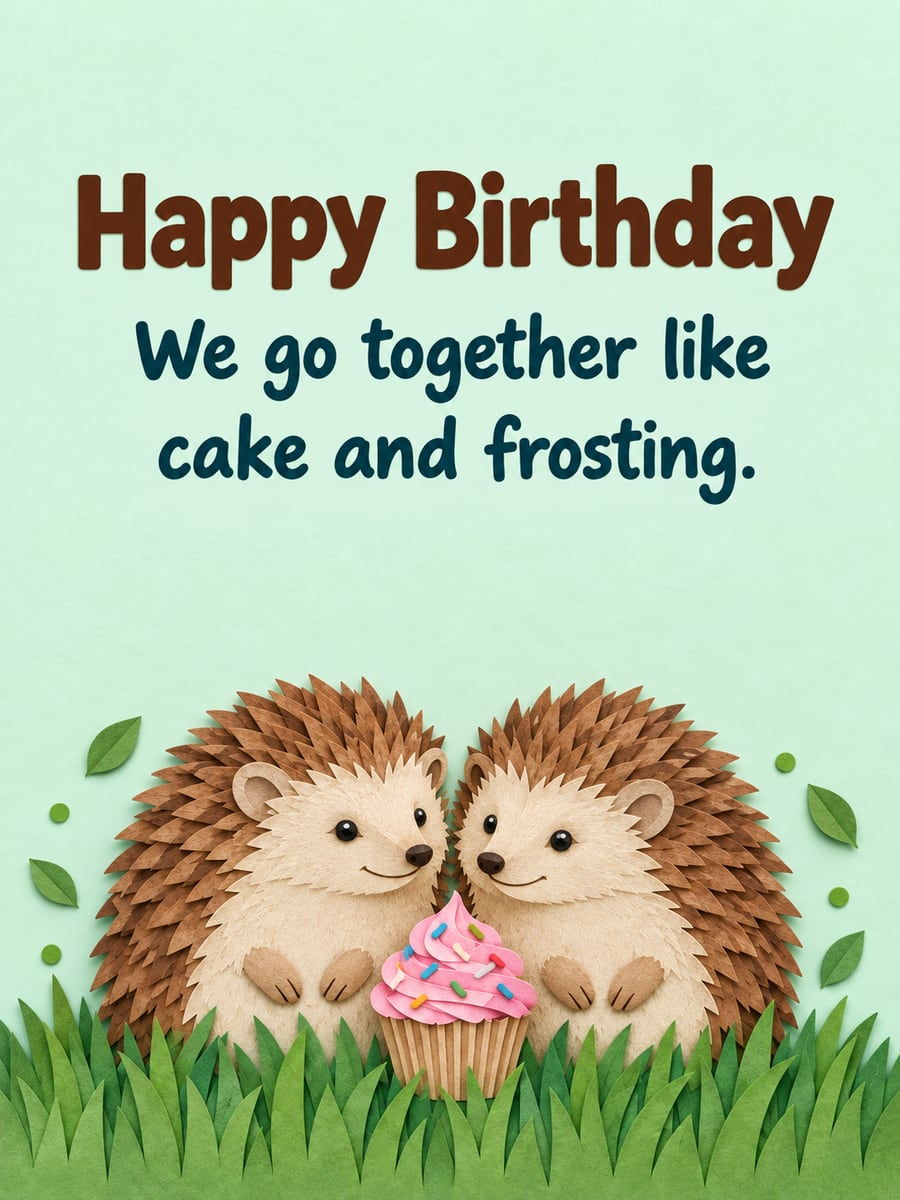 Birthday greeting image: two paper-cut hedgehogs, cupcake with pink frosting and sprinkles, paper grass. It says “Happy Birthday” and “We go together like cake and frosting.”