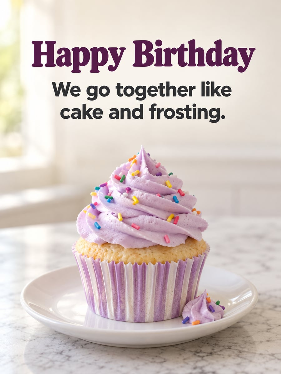 Birthday greeting image: vanilla cupcake with lilac frosting and sprinkles, marble counter. It says “Happy Birthday” and “We go together like cake and frosting.”