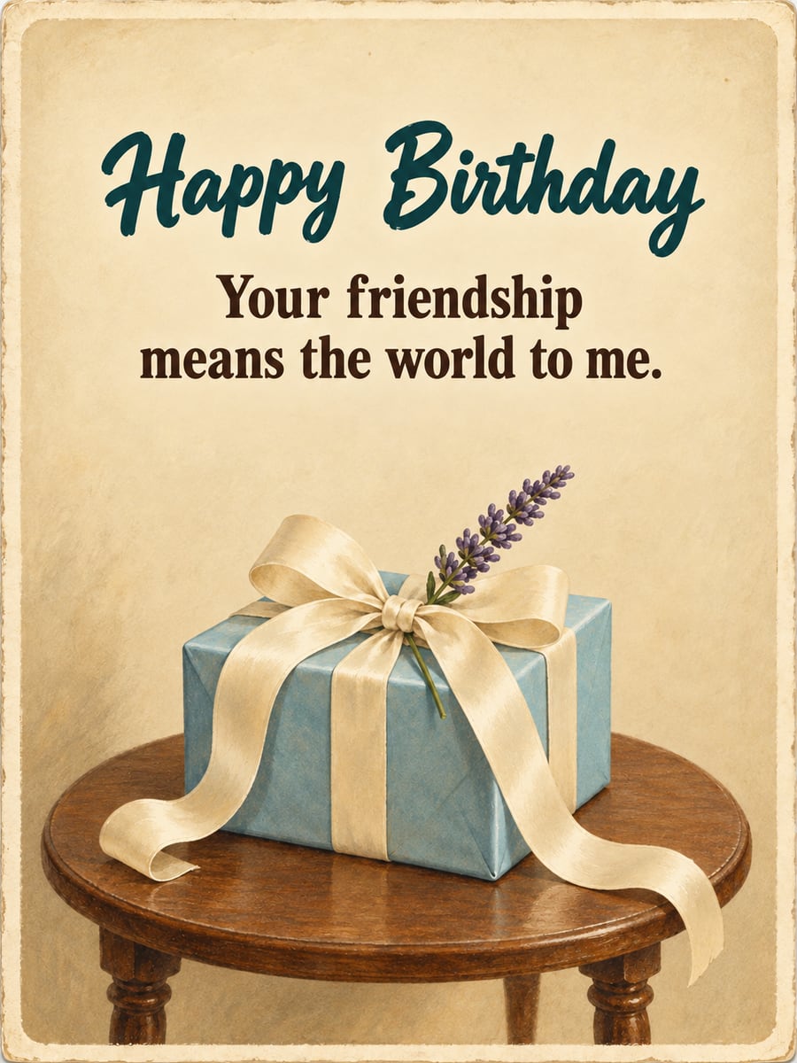 Birthday greeting image: robin’s egg blue gift box with a cream satin bow, lavender sprig, round wooden side table. It says “Happy Birthday” and “Your friendship means the world to me.”