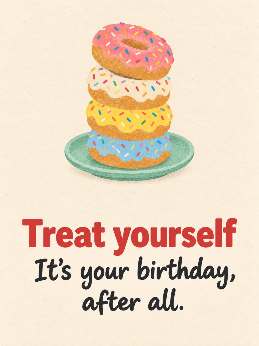 Birthday greeting image: stack of four frosted donuts with sprinkles on a mint plate. It says “Treat yourself” and “It’s your birthday, after all.”