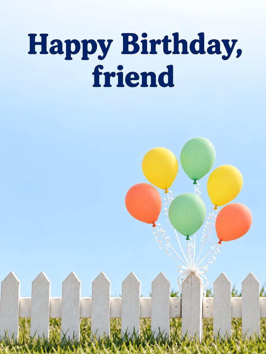 Birthday greeting image: yellow, coral and mint balloons tied to a white picket fence, blue sky. It says “Happy Birthday, friend”