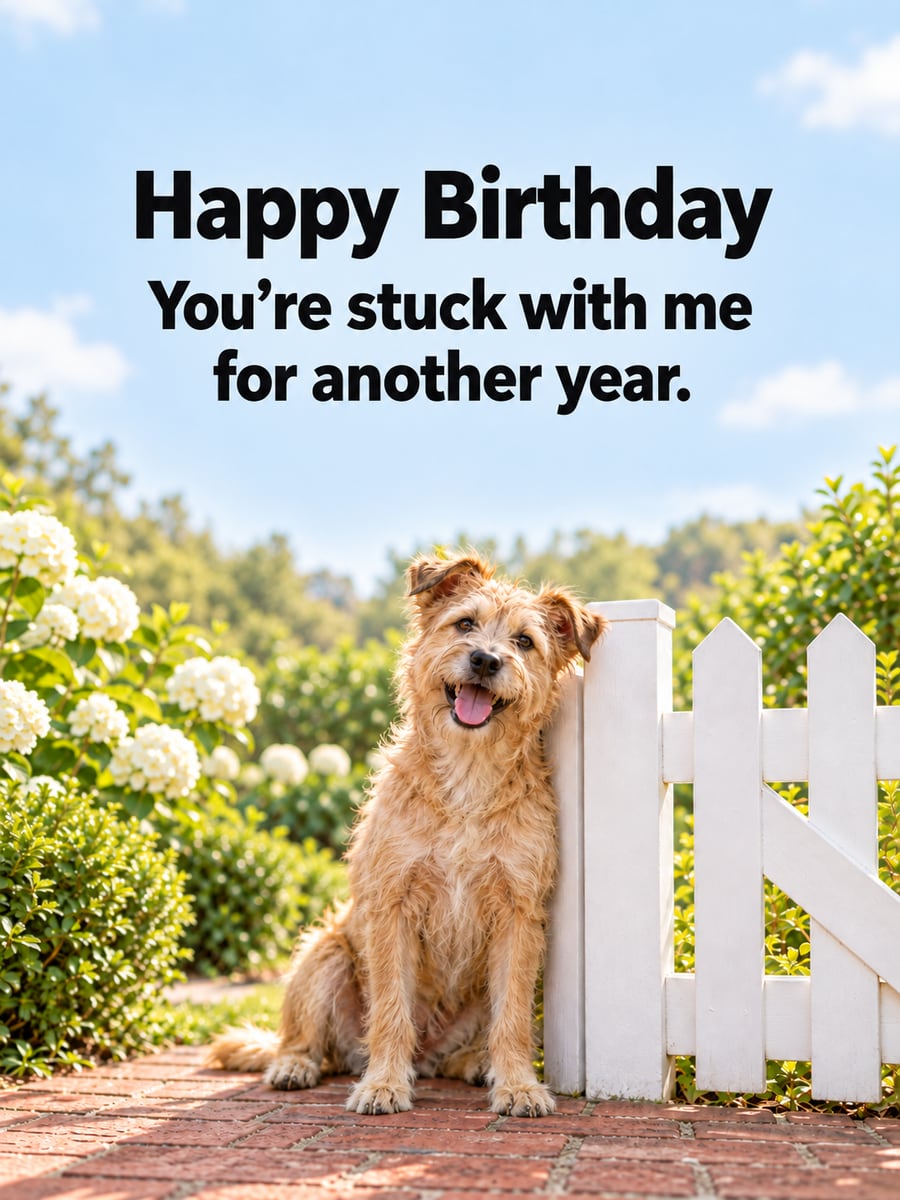 Birthday greeting image: smiling wheaten terrier leaning on a white picket gate, white hydrangeas, brick garden path. It says “Happy Birthday” and “You’re stuck with me for another year.”