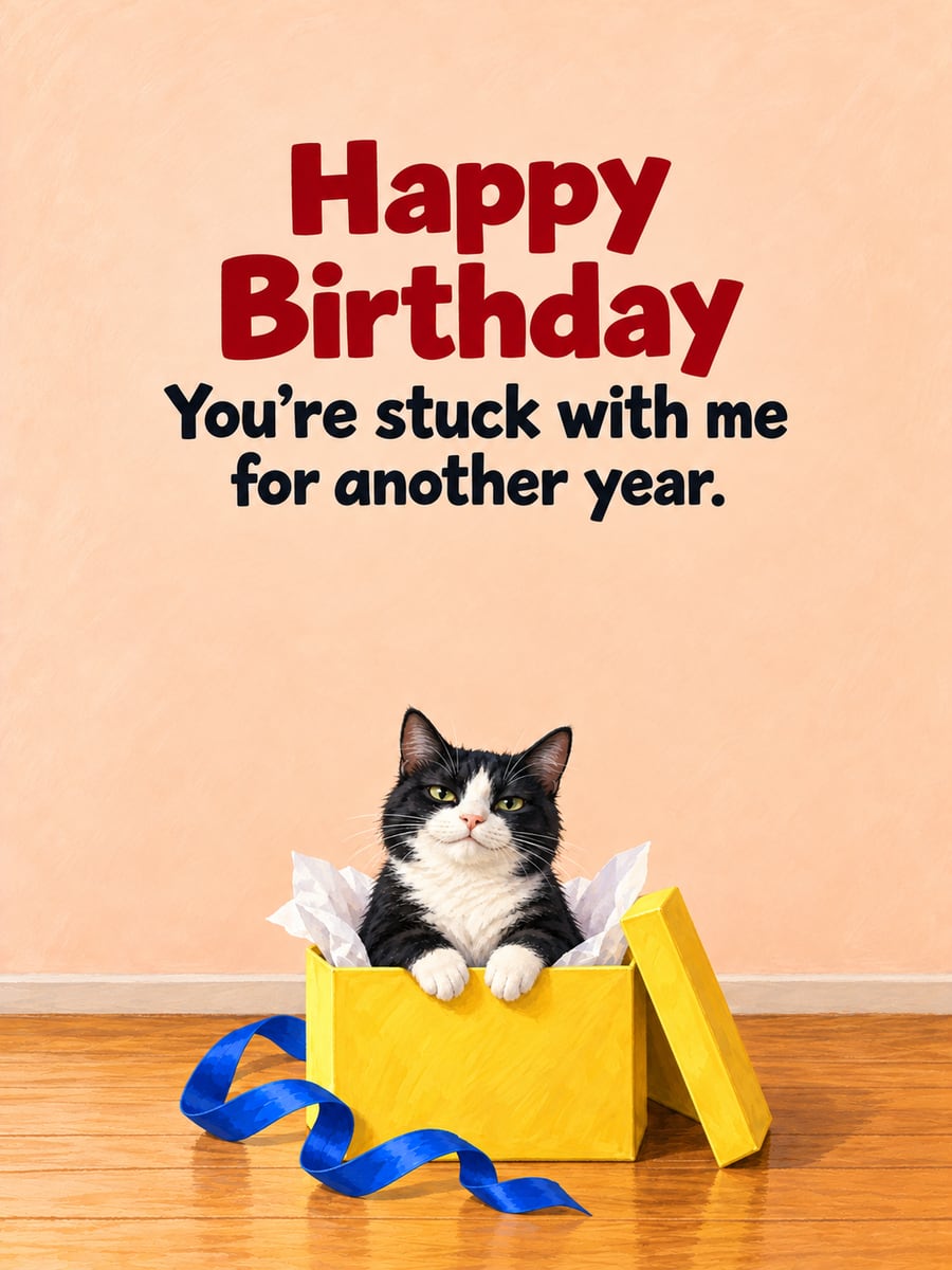 Birthday greeting image: black and white tuxedo cat sitting in a yellow gift box, blue ribbon. It says “Happy Birthday” and “You’re stuck with me for another year.”