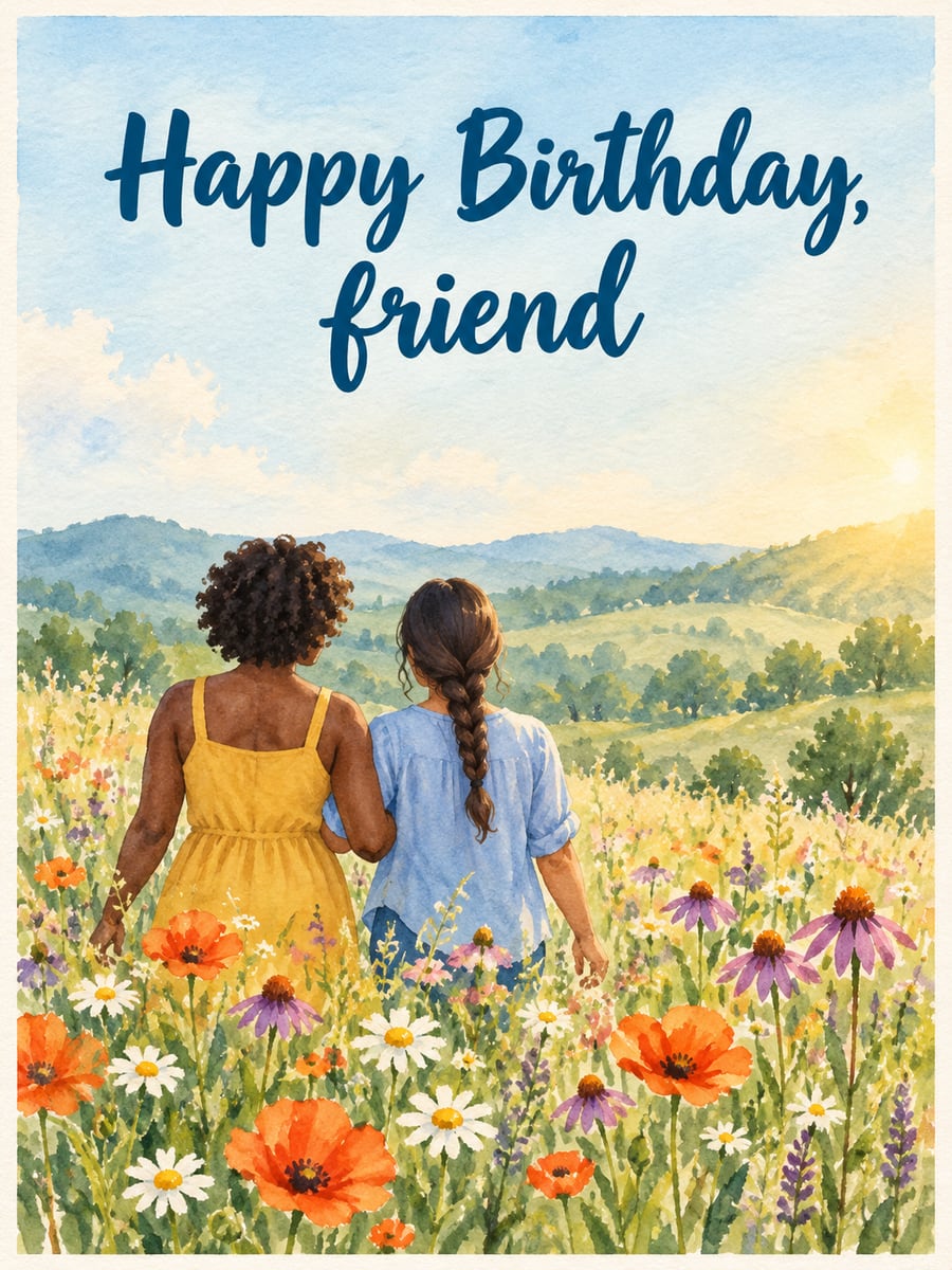 Birthday greeting image: two women friends walking arm in arm through a wildflower meadow, seen from behind, poppies and daisies. It says “Happy Birthday, friend”