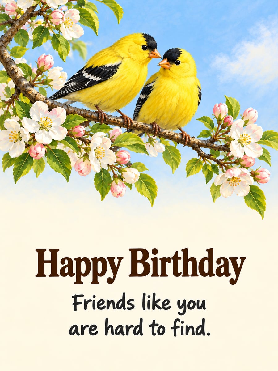 Birthday greeting image: two yellow American goldfinches on a crabapple branch, white and pink blossoms. It says “Happy Birthday” and “Friends like you are hard to find.”