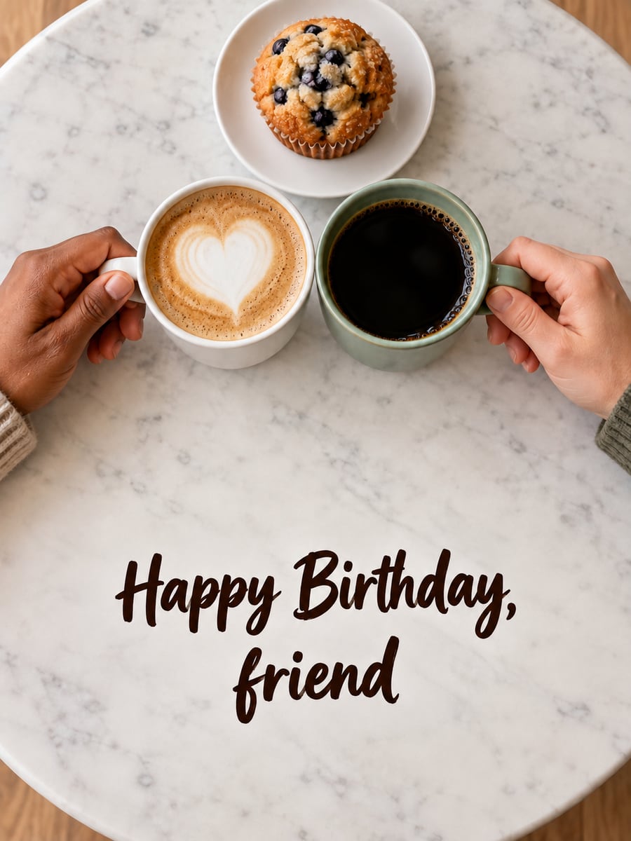 Birthday greeting image: two hands holding coffee cups on a marble cafe table, blueberry muffin. It says “Happy Birthday, friend”