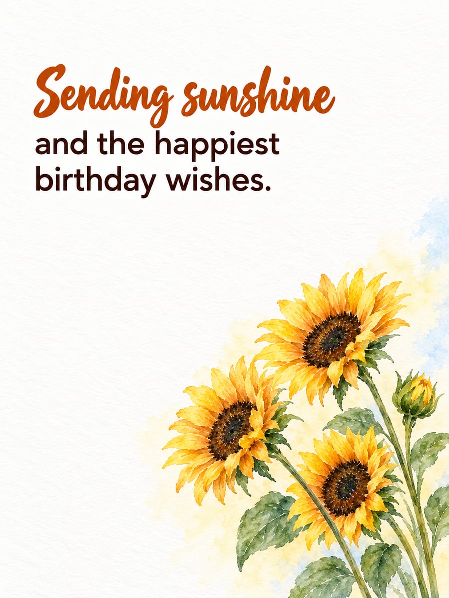 Birthday greeting image: watercolor sunflowers. It says “Sending sunshine” and “and the happiest birthday wishes.”