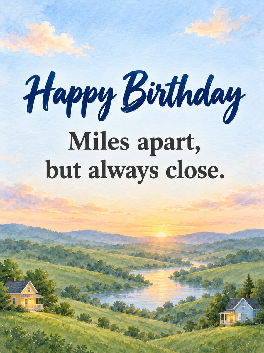 Birthday greeting image: yellow house and blue house far apart, hills, river and sunrise. It says “Happy Birthday” and “Miles apart, but always close.”