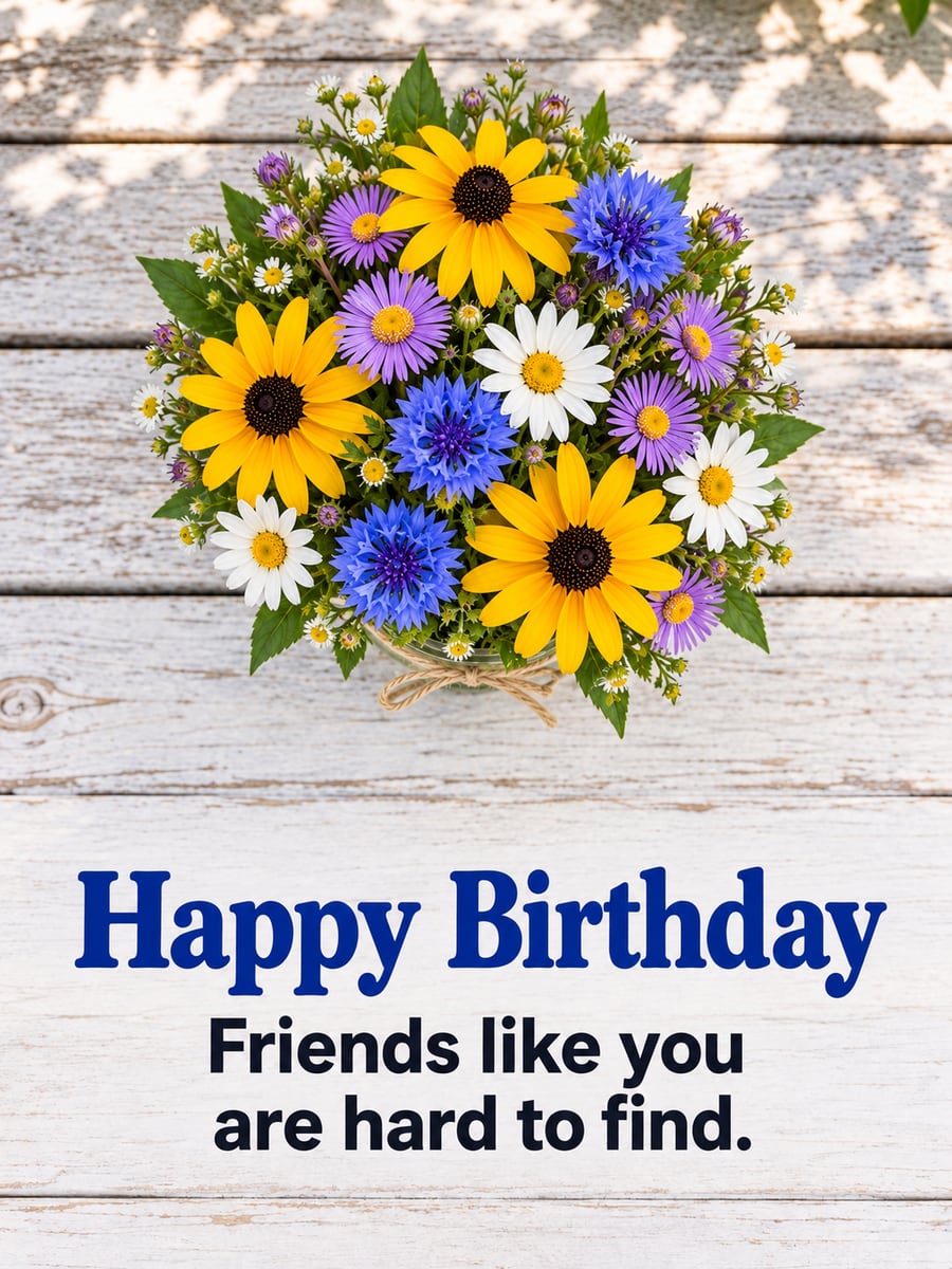 Birthday greeting image: mason jar of wildflowers on a white picnic table, sunflowers, asters, daisies and cornflowers. It says “Happy Birthday” and “Friends like you are hard to find.”