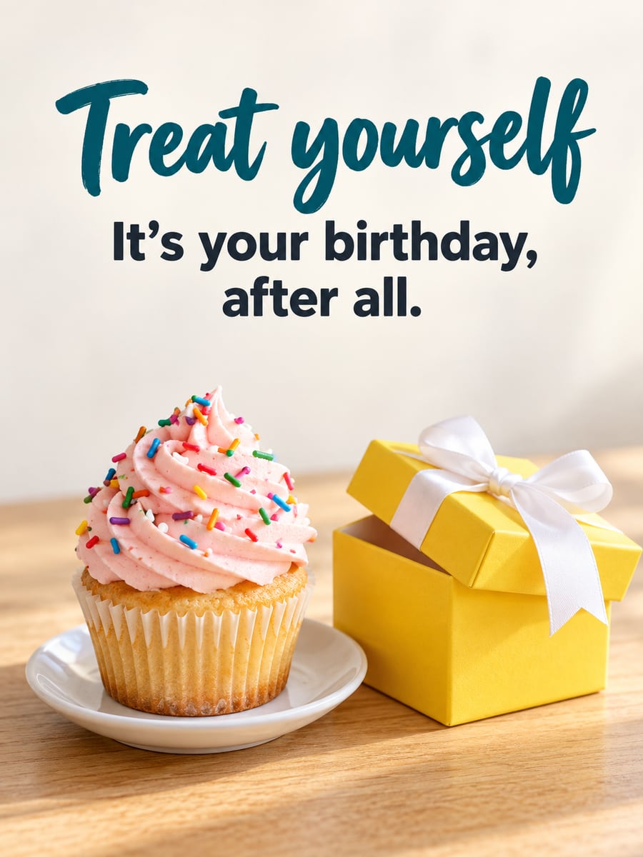 Birthday greeting image: cupcake with pink frosting and sprinkles, yellow gift box with a white bow. It says “Treat yourself” and “It’s your birthday, after all.”
