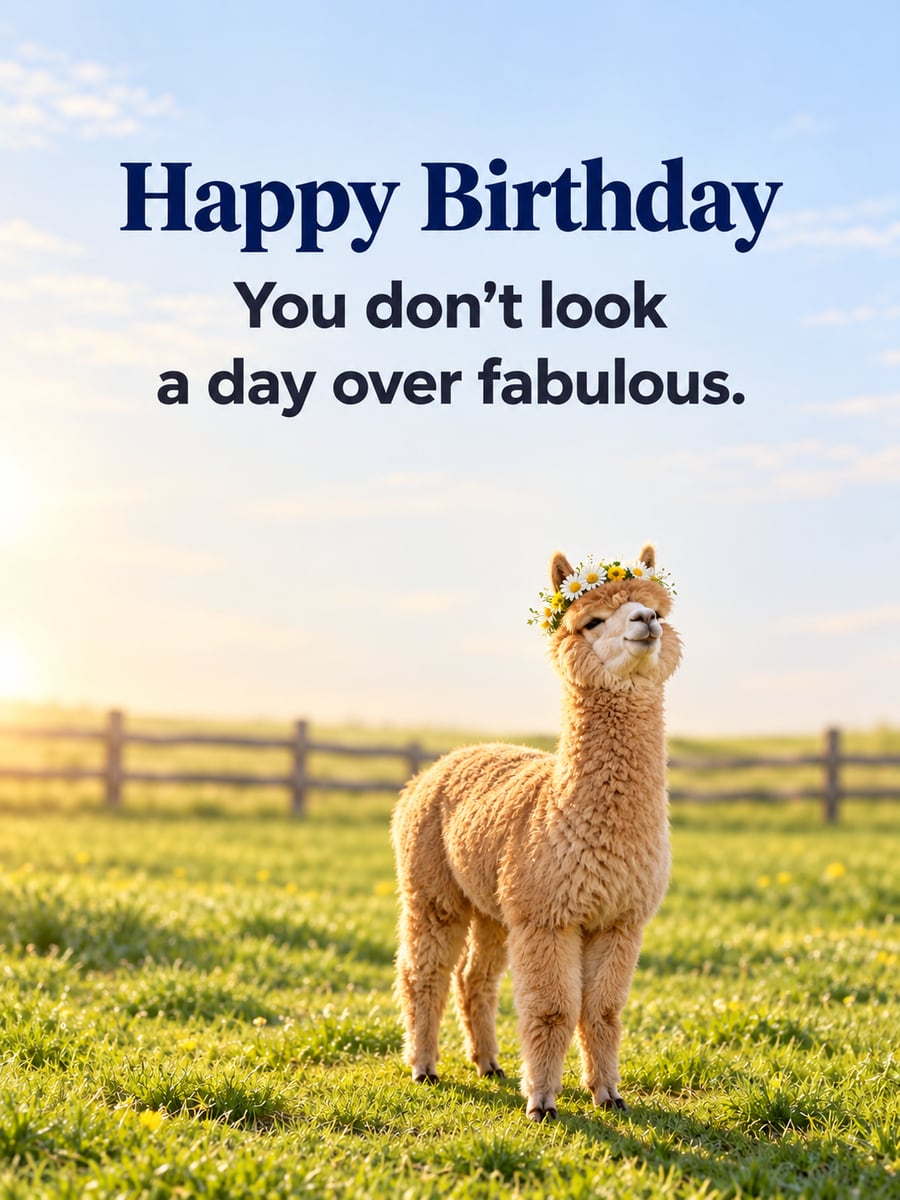 Birthday greeting image: fawn alpaca wearing a daisy crown, pasture with a wooden fence. It says “Happy Birthday” and “You don’t look a day over fabulous.”