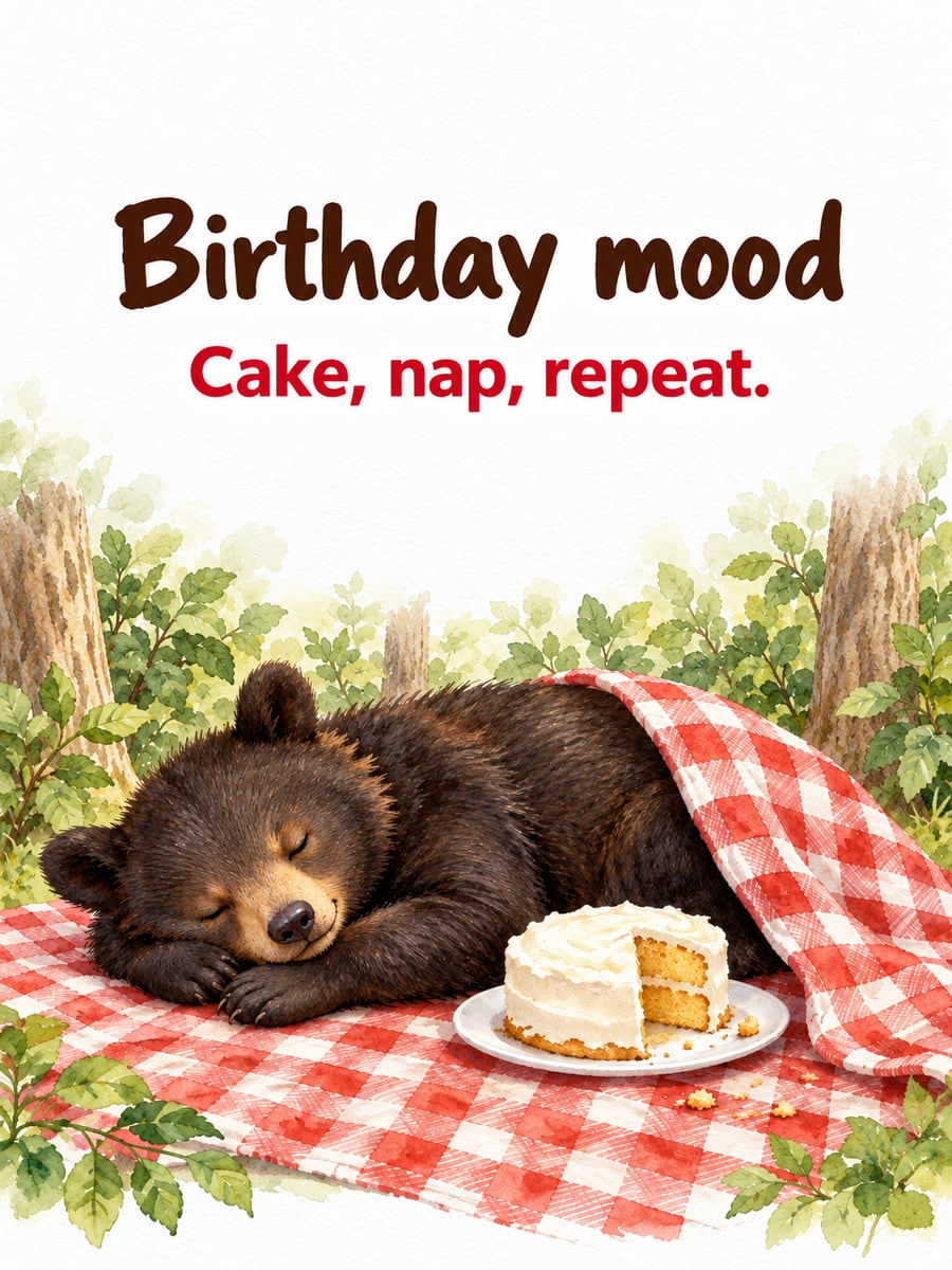 Birthday greeting image: black bear cub asleep on a red gingham blanket, vanilla layer cake with a slice missing. It says “Birthday mood” and “Cake, nap, repeat.”