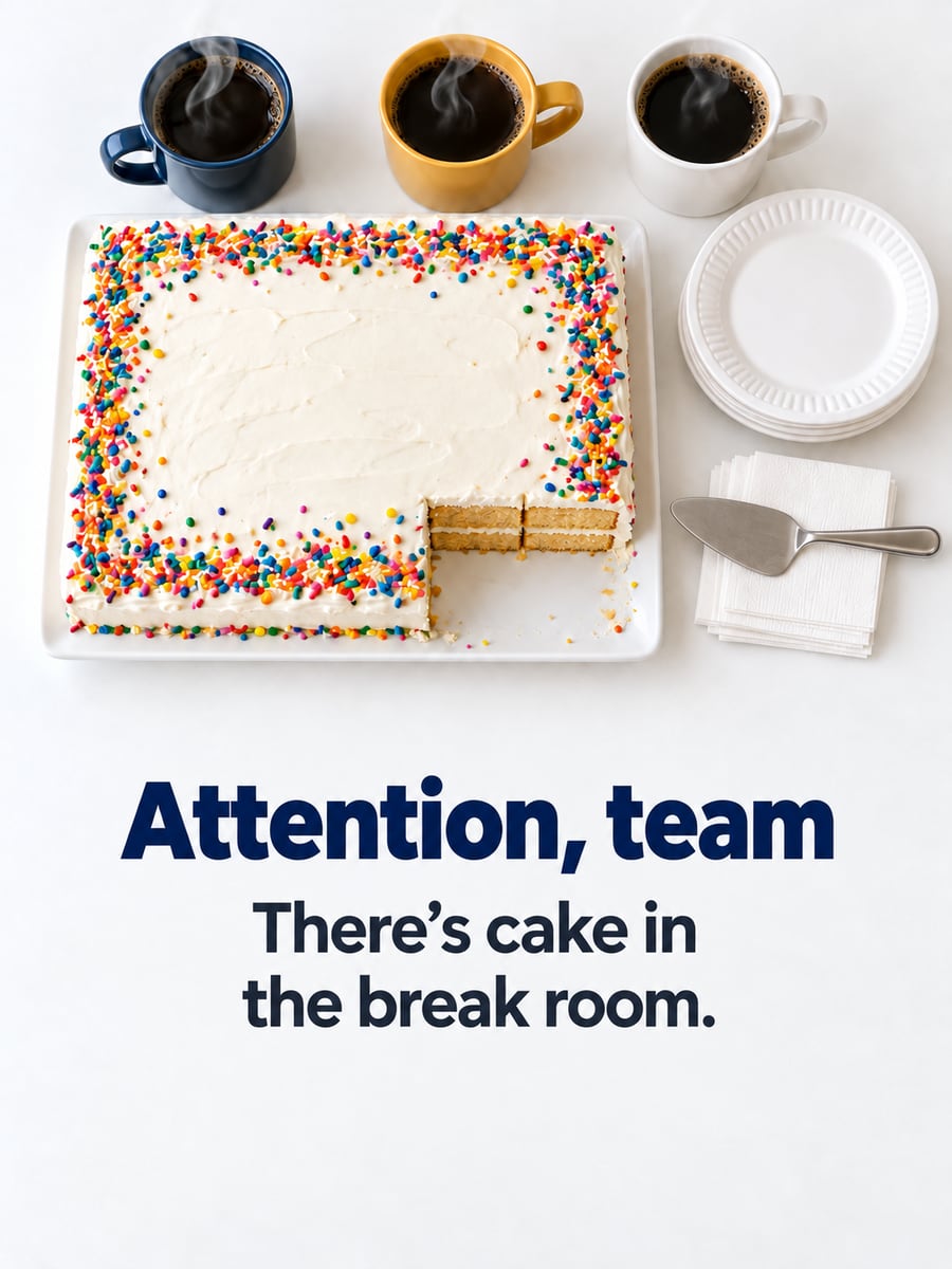 Birthday greeting image: three mugs of coffee, sheet cake with rainbow sprinkles and a corner cut out, paper plates, napkins and a cake server. It says “Attention, team” and “There’s cake in the break room.”