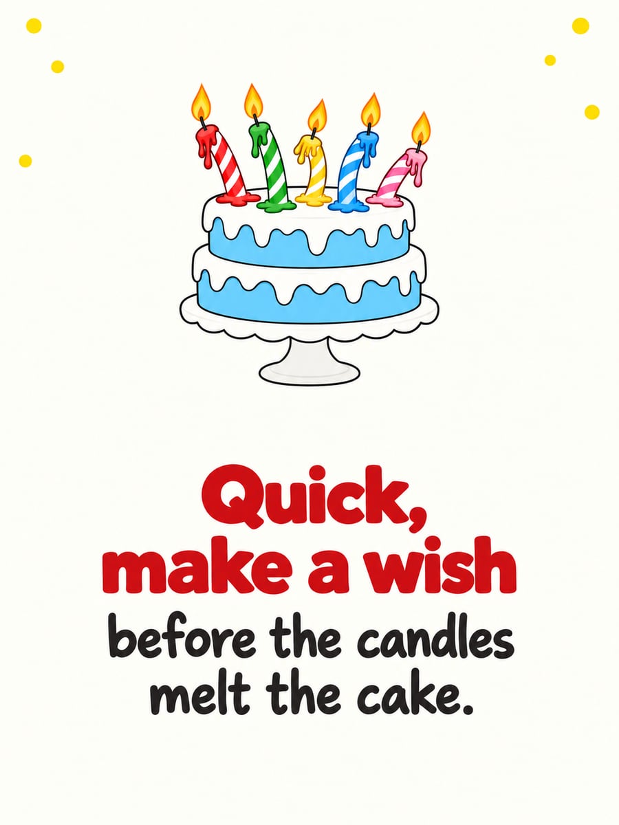 Birthday greeting image: cartoon blue cake with drooping, melting candles. It says “Quick, make a wish” and “before the candles melt the cake.”