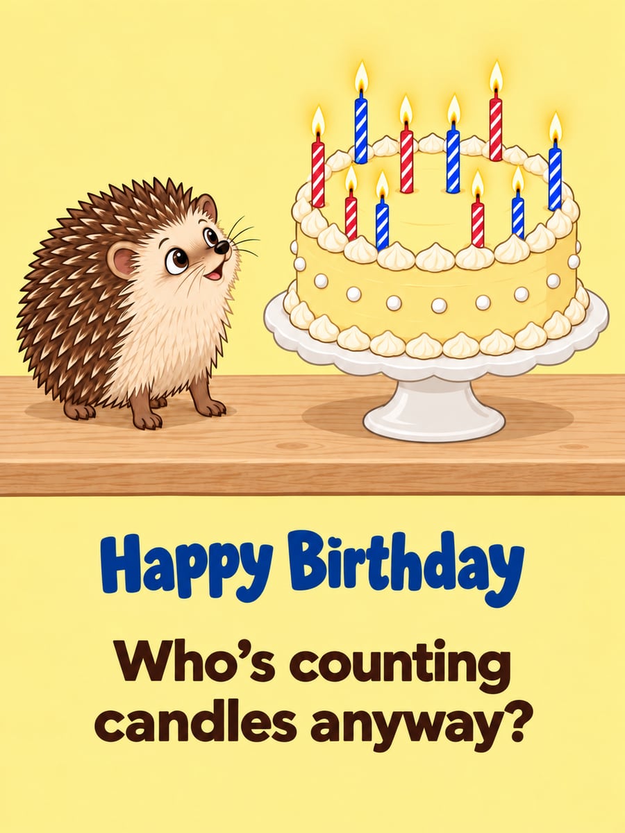 Birthday greeting image: cartoon brown hedgehog looking up at a cake crowded with candles. It says “Happy Birthday” and “Who’s counting candles anyway?”