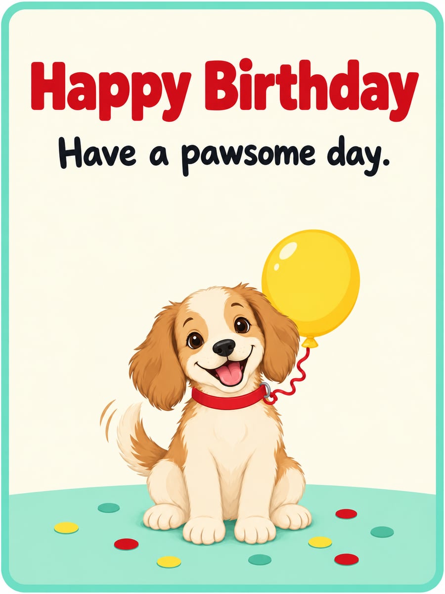 Birthday greeting image: cartoon cream and caramel puppy with a yellow balloon on its collar, confetti. It says “Happy Birthday” and “Have a pawsome day.”