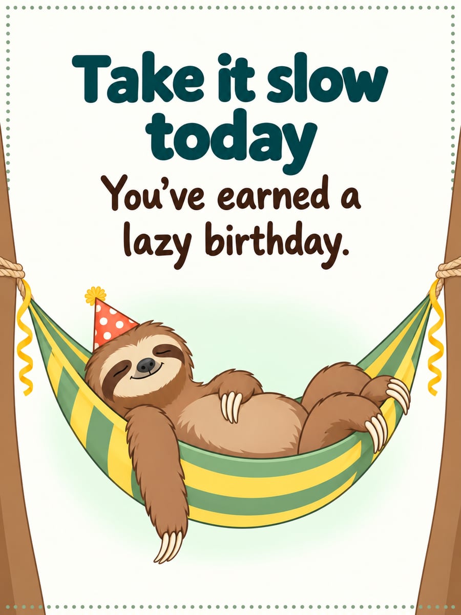 Birthday greeting image: cartoon three-toed sloth in a party hat napping in a striped hammock. It says “Take it slow today” and “You’ve earned a lazy birthday.”