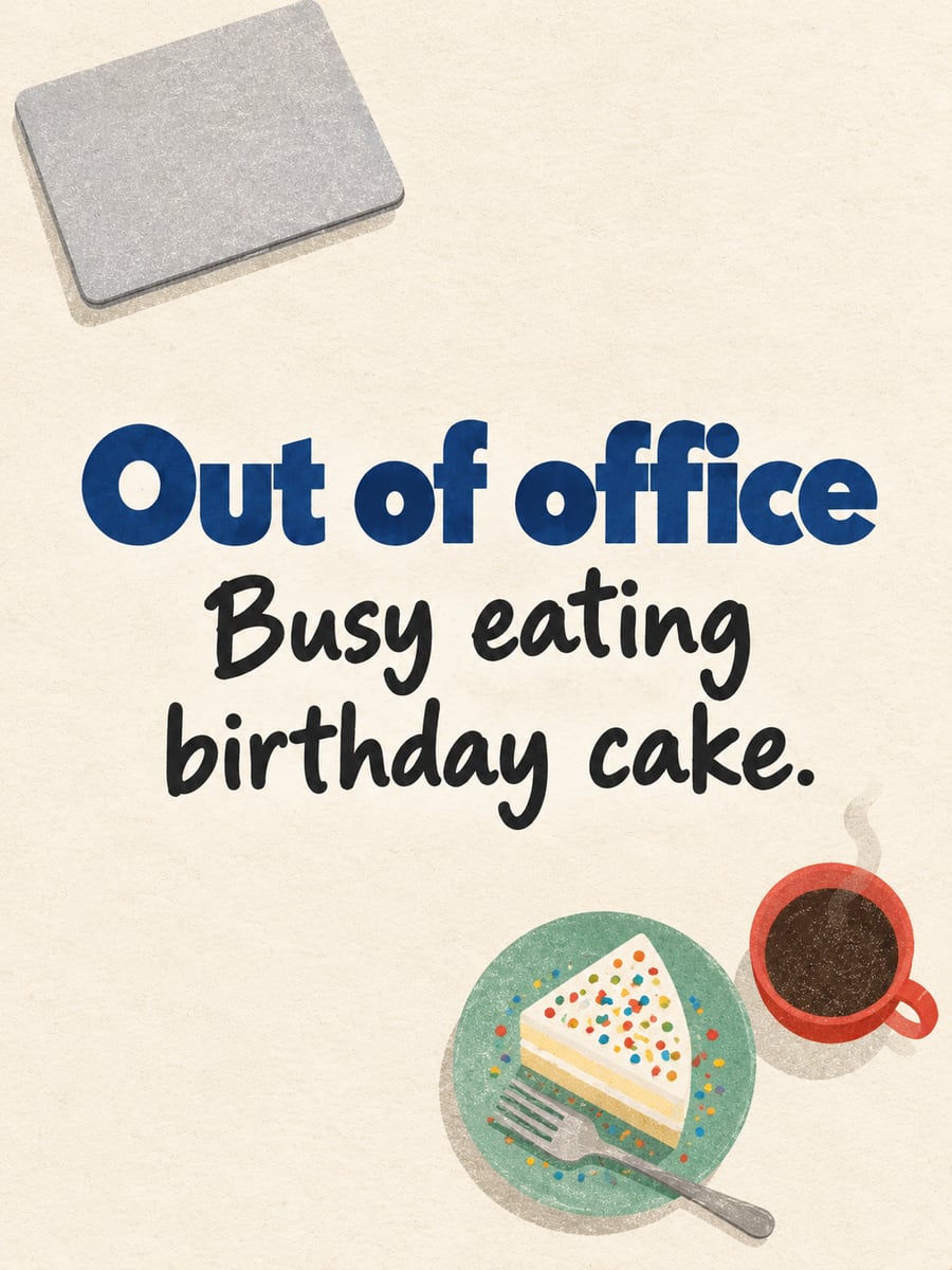 Birthday greeting image: closed laptop on a desk, red mug of coffee, slice of sprinkle cake. It says “Out of office” and “Busy eating birthday cake.”