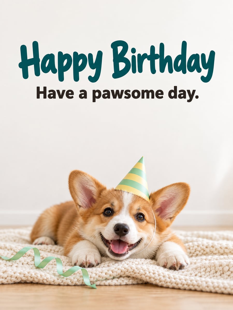 Birthday greeting image: red and white corgi puppy in a striped party hat lying on a knit blanket. It says “Happy Birthday” and “Have a pawsome day.”